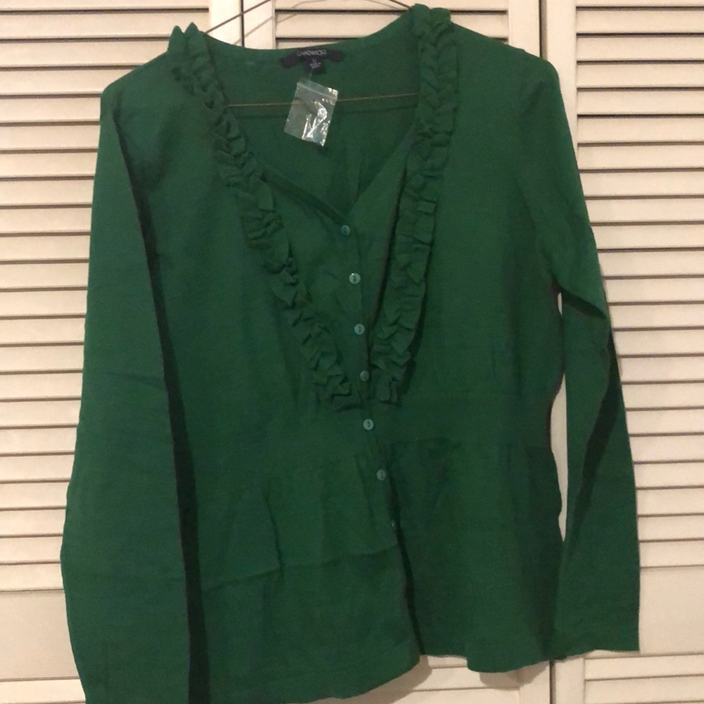 Chadwick’s Ruffled neck button up sweater.